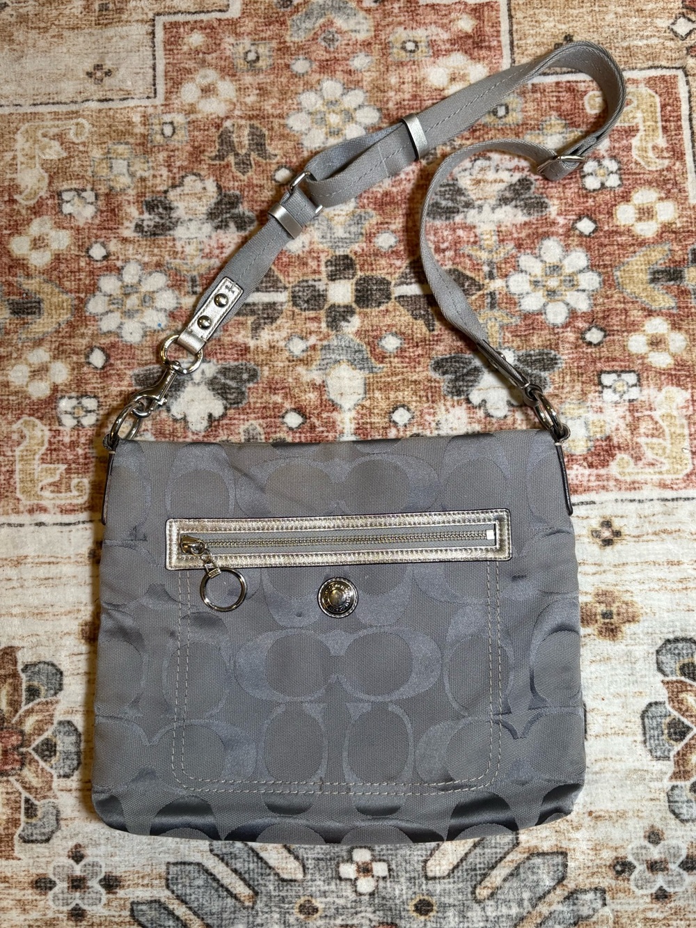 Coach F14869 Gray Signature Crossbody Bag with Front Zip